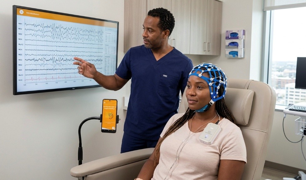 Clinician recording EEG with a BC-1 at a patient's bedside